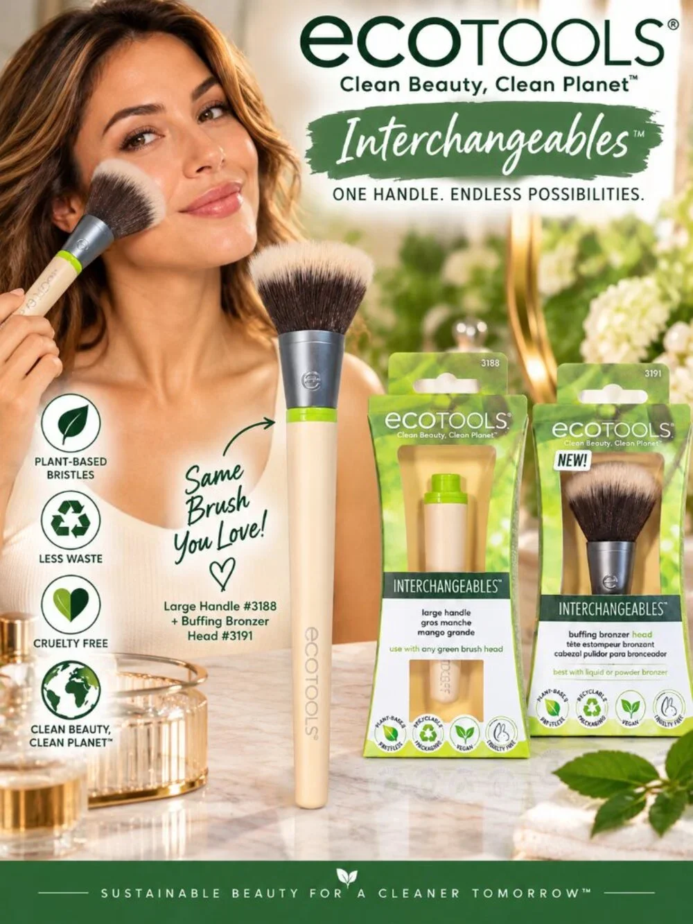 EcoTools Interchangeables Buffing Bronzer Brush Head + Large Handle NEW 2PC Set